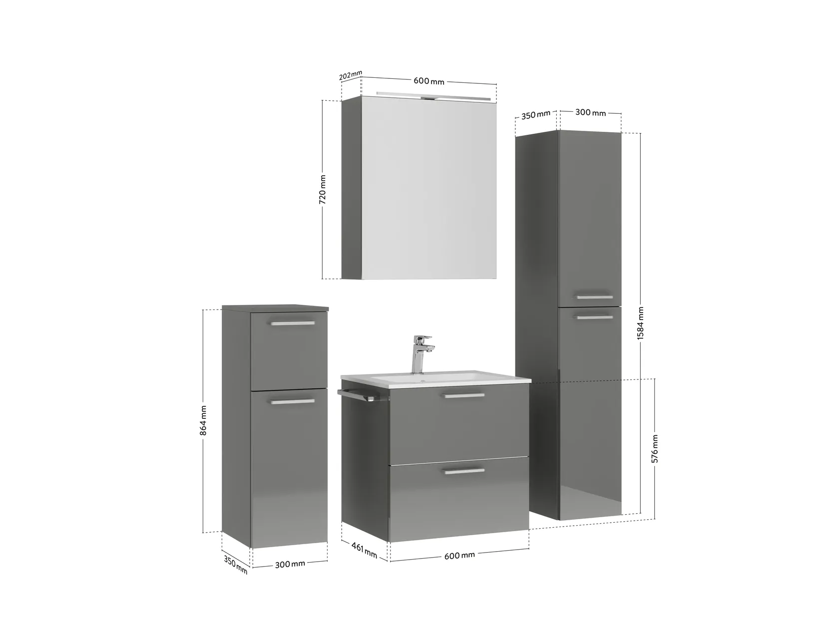 Verges Concept 60 meuble vasque + armoire de toilette + armoires latérales 4