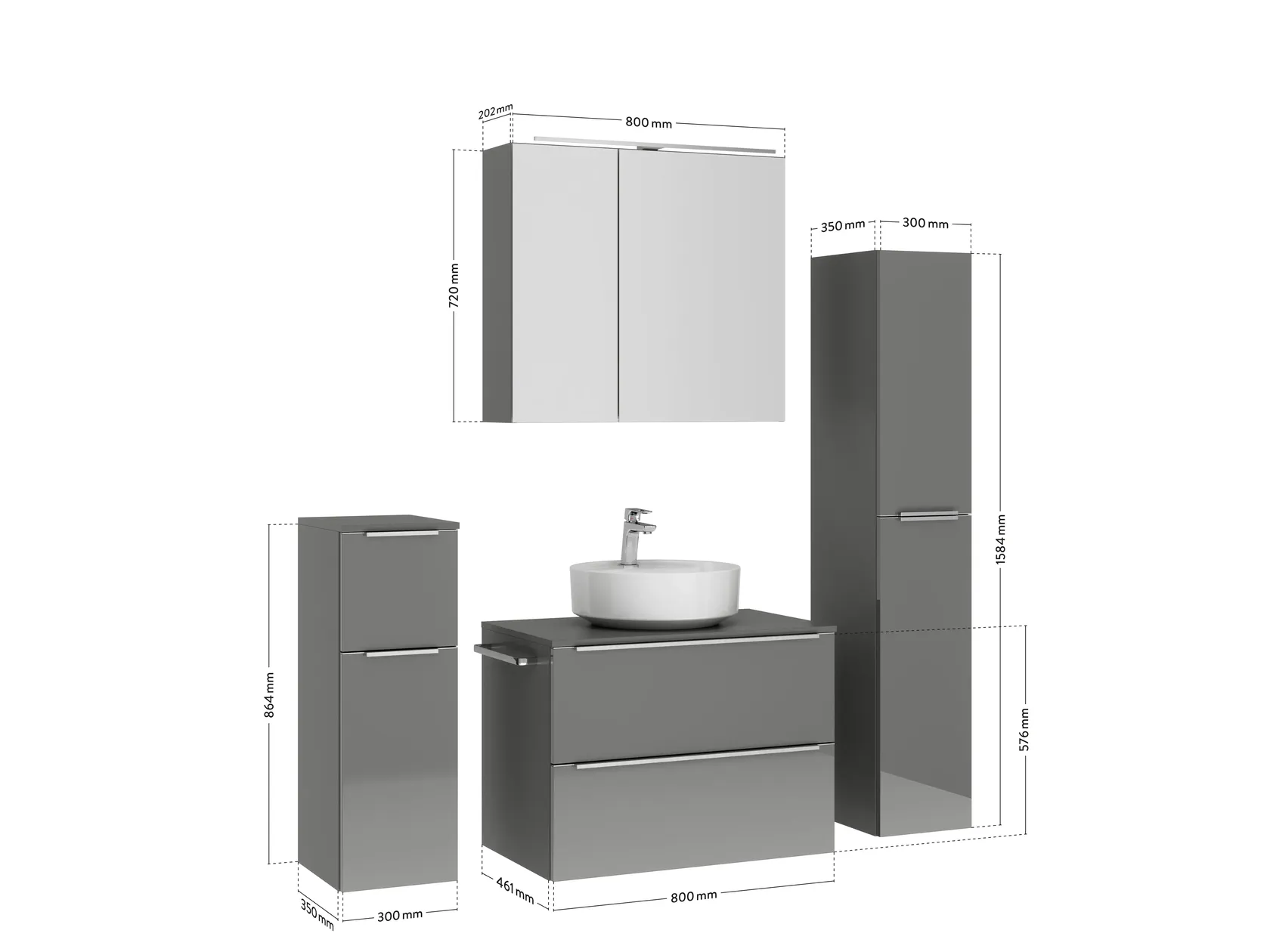 Verges Concept 80 meuble vasque + armoire de toilette + armoires latérales 4